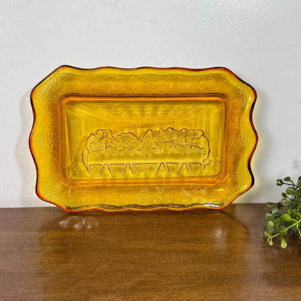 Vintage Tiara Indiana Glass Amber Gold Lord's Supper Last Supper Tray 11